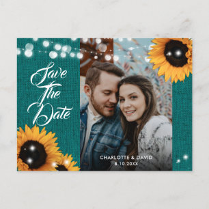 Sonnenblumen Teal Jute Hochzeitsfoto Save The Date Ankündigungspostkarte