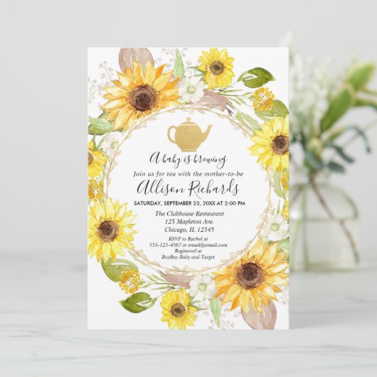 Sonnenblumen Tee-Party Babydusche Einladung (Stehend Vorderseite)