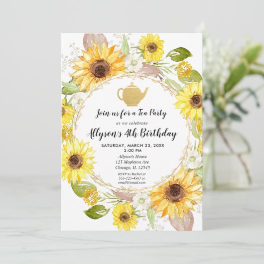 Sonnenblumen Tee Party Geburtstag Einladung (Stehend Vorderseite)