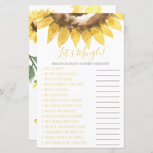 Sonnenblumen Themed Let's Mingle Shower Game (Vorne/Hinten)
