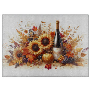 Sonnenblumen, Trauben, Kürbis und Wein Schneidebrett