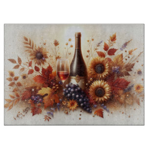 Sonnenblumen, Trauben, Wein und Herbstblätter Schneidebrett