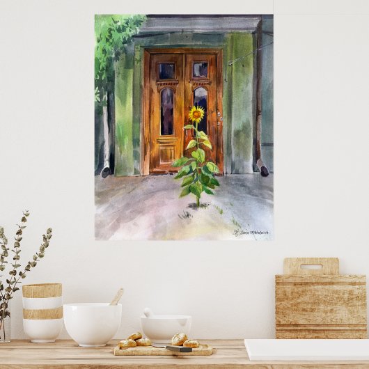 Sonnenblumen trifft Freunde. Alte Türen der Kunst Poster (Küche)