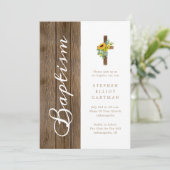 Sonnenblumen über der rustikalen Holztaufe Einladung (Stehend Vorderseite)