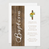 Sonnenblumen über der rustikalen Holztaufe Einladung (Vorne/Hinten)