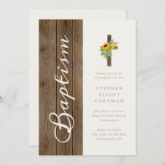 Sonnenblumen über rustikalem Holz Elegante Script- Einladung (Vorne/Hinten)