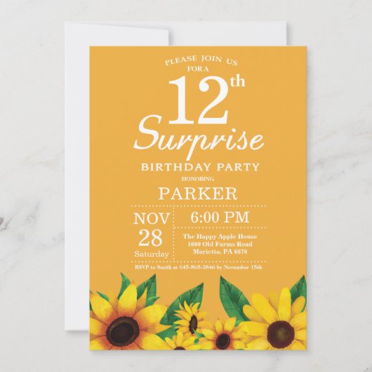 Sonnenblumen Überraschung 12. Geburtstag Einladung (Vorderseite)