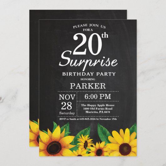 Sonnenblumen Überraschung 20. Geburtstag Einladung (Vorne/Hinten)