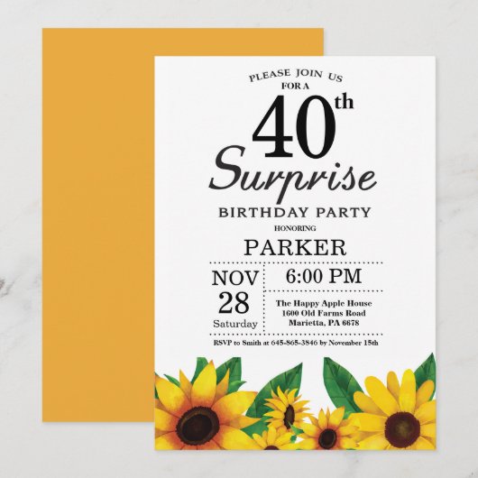 Sonnenblumen Überraschung 40. Geburtstag Einladung (Vorne/Hinten)