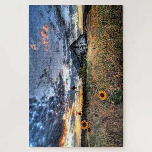 Sonnenblumen und alte hölzerne Scheune verwirren - Puzzle (Vertikal)