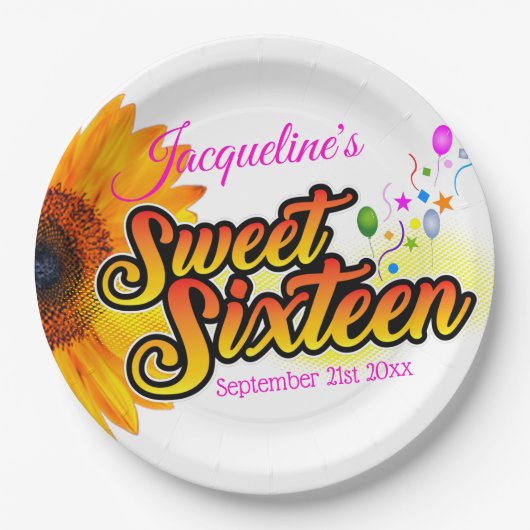 Sonnenblumen und Balloons auf der Weißen 16 . Gebu Pappteller (Vorderseite)