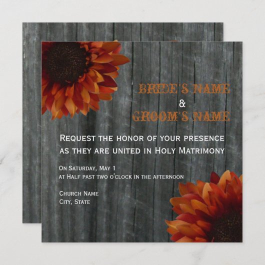 Sonnenblumen und Barnwood Hochzeit im Herbst Einla Einladung (Vorne/Hinten)