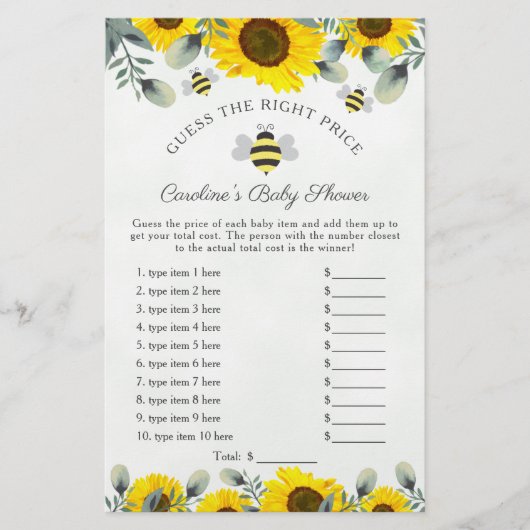 Sonnenblumen und Bienen Babydusche schätzen Preiss (Vorderseite)