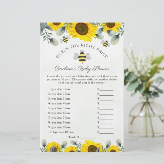 Sonnenblumen und Bienen Babydusche schätzen Preiss (Stehend Vorderseite)