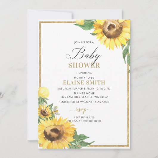 Sonnenblumen und Bienen Neutrale Baby-Dusche Einladung (Vorderseite)