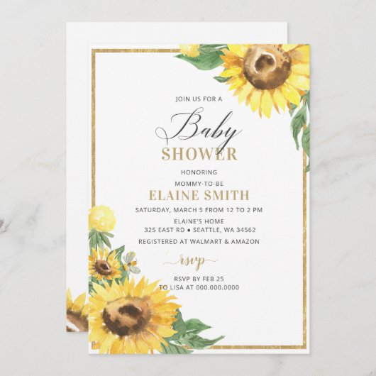 Sonnenblumen und Bienen Neutrale Baby-Dusche Einladung (Vorne/Hinten)