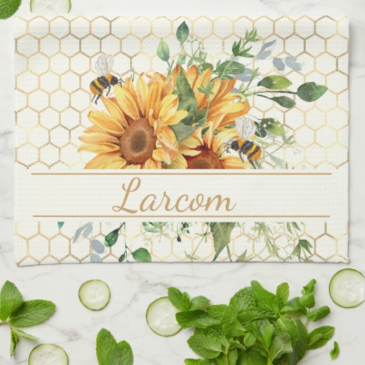 Sonnenblumen und Bienen personalisiert Geschirrtuch (Gefaltet)