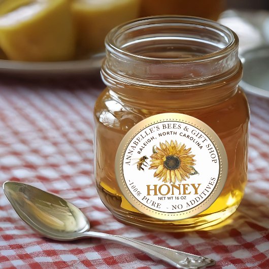 Sonnenblumen und Bienenhonig-Gütesiegel Gold Borde Runder Aufkleber
