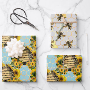 Sonnenblumen und Bienenreihen - 5 Geschenkpapier Set