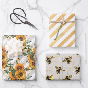 Sonnenblumen und Bienenreihen - Design Drei Geschenkpapier Set