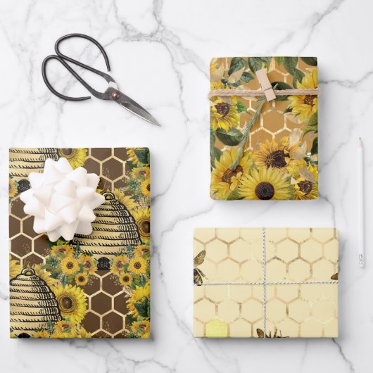 Sonnenblumen und Bienenreihen Design One Geschenkpapier Set (Vorderseite)