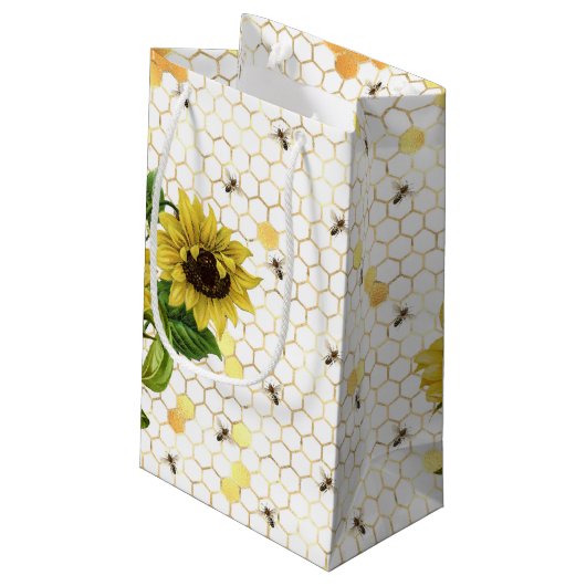 Sonnenblumen und Bienenreihen Design Sechs kleine  Kleine Geschenktüte (Rückseite Schrägansicht)