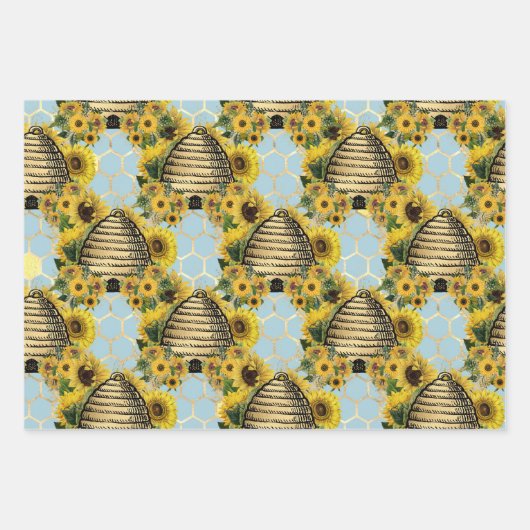Sonnenblumen und Bienenreihen - Design Vier Geschenkpapier Set (Vorderseite)