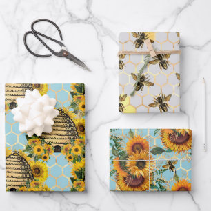 Sonnenblumen und Bienenreihen - Design Vier Geschenkpapier Set