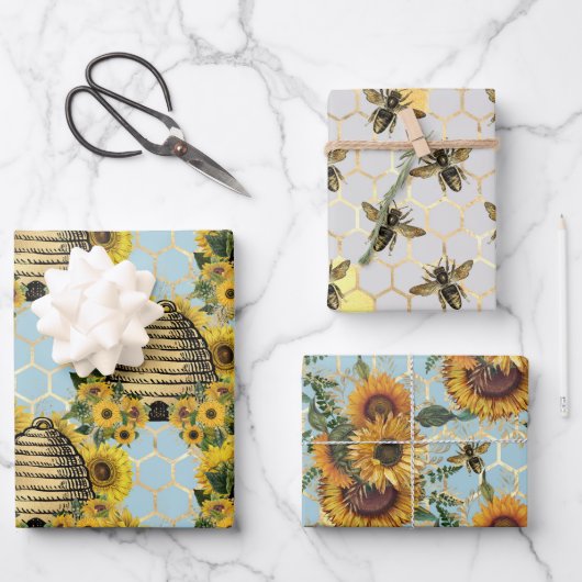 Sonnenblumen und Bienenreihen - Design Vier Geschenkpapier Set (Vorderseite)
