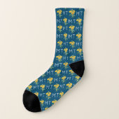 Sonnenblumen und Blätter Monogramm blaues Muster Socken (Links - Außen)
