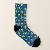 Sonnenblumen und Blätter Monogramm blaues Muster Socken (Rechts - Außen)