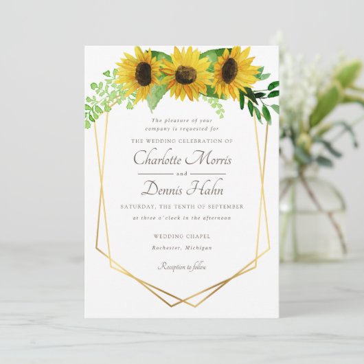 Sonnenblumen und blaue Hochzeitseinladung Einladung (Stehend Vorderseite)