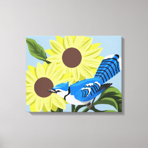 Sonnenblumen und blaue Jay Leinwanddruck
