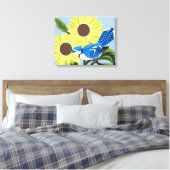Sonnenblumen und blaue Jay Leinwanddruck (Insitu (Schlafzimmer))