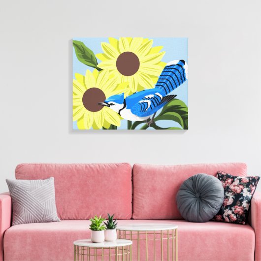 Sonnenblumen und blaue Jay Leinwanddruck (Insitu (Wohnzimmer))