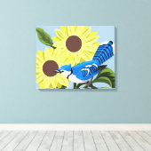 Sonnenblumen und blaue Jay Leinwanddruck (Insitu (Holzboden))