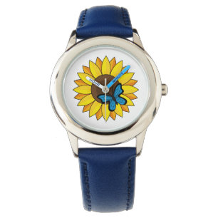 Sonnenblumen und Blauer Schmetterling Armbanduhr
