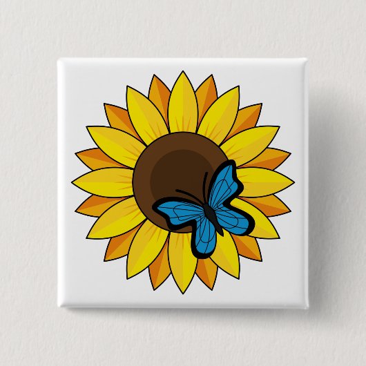 Sonnenblumen und Blauer Schmetterling Button (Vorderseite)