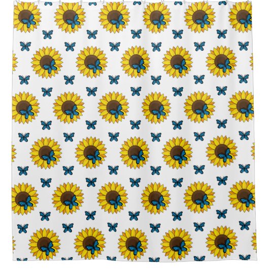 Sonnenblumen und Blauer Schmetterling Duschvorhang (Vorderseite)
