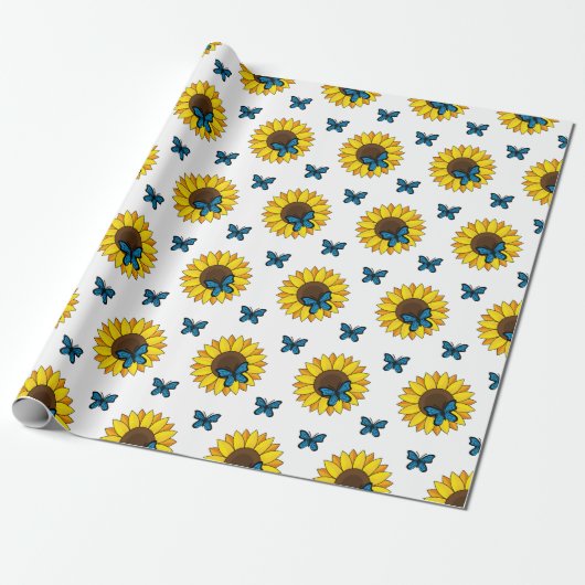 Sonnenblumen und Blauer Schmetterling Geschenkpapier (Ungerollt)