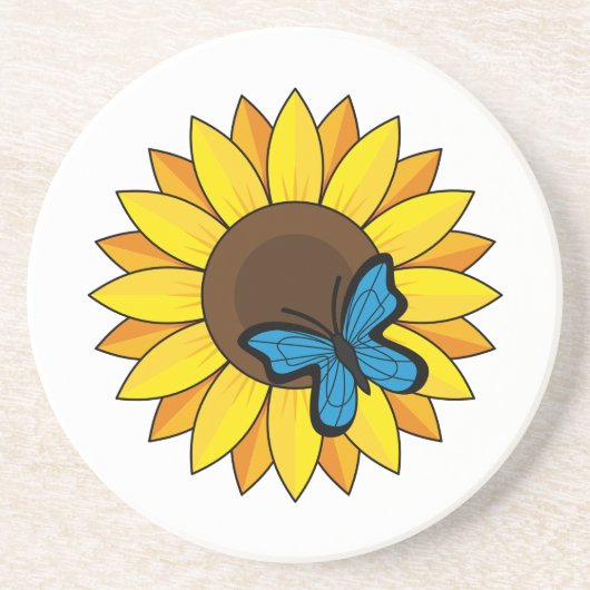 Sonnenblumen und Blauer Schmetterling Getränkeuntersetzer (Vorne)