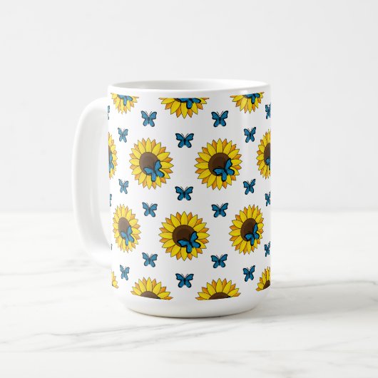 Sonnenblumen und Blauer Schmetterling Kaffeetasse (Vorderseite Links)