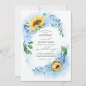 Sonnenblumen und Blütenblütenhochzeit in Dusty Blu Einladung (Vorderseite)