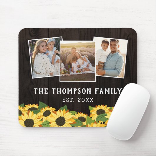 Sonnenblumen und Braunholz-Familienfoto Collage Mousepad (Mit Mouse)