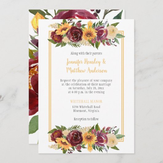 Sonnenblumen und Burgunder Blumengestelle Einladung (Vorne/Hinten)