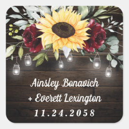 Sonnenblumen und Burgunder Rote Rose Rustikale Hoc Quadratischer Aufkleber