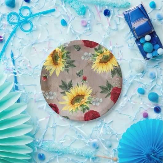 Sonnenblumen und Burgunder Rote Rosen Rustikaler F Pappteller (Party)