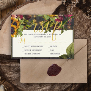 Sonnenblumen und burgundische Rose rustikale Hochz RSVP Karte