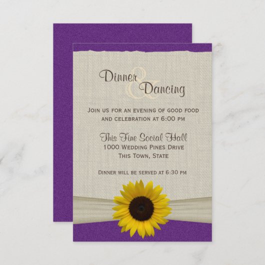 Sonnenblumen und Burlap-Lila und Gelb-Empfang Einladung (Vorne/Hinten)