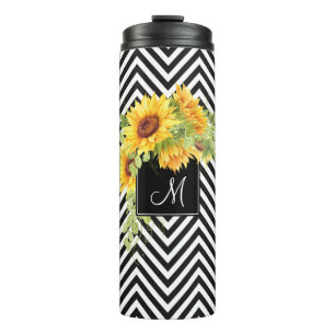 Sonnenblumen und Chevronen mit Monogramm Thermosbecher